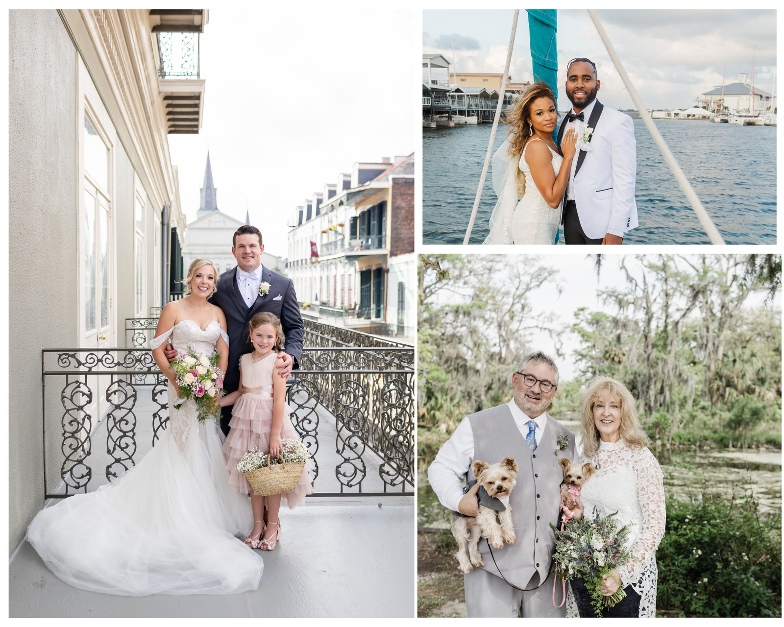 Collage of couples celebrating vow renewals in New Orleans with French Quarter streets, courtyards, and riverside views