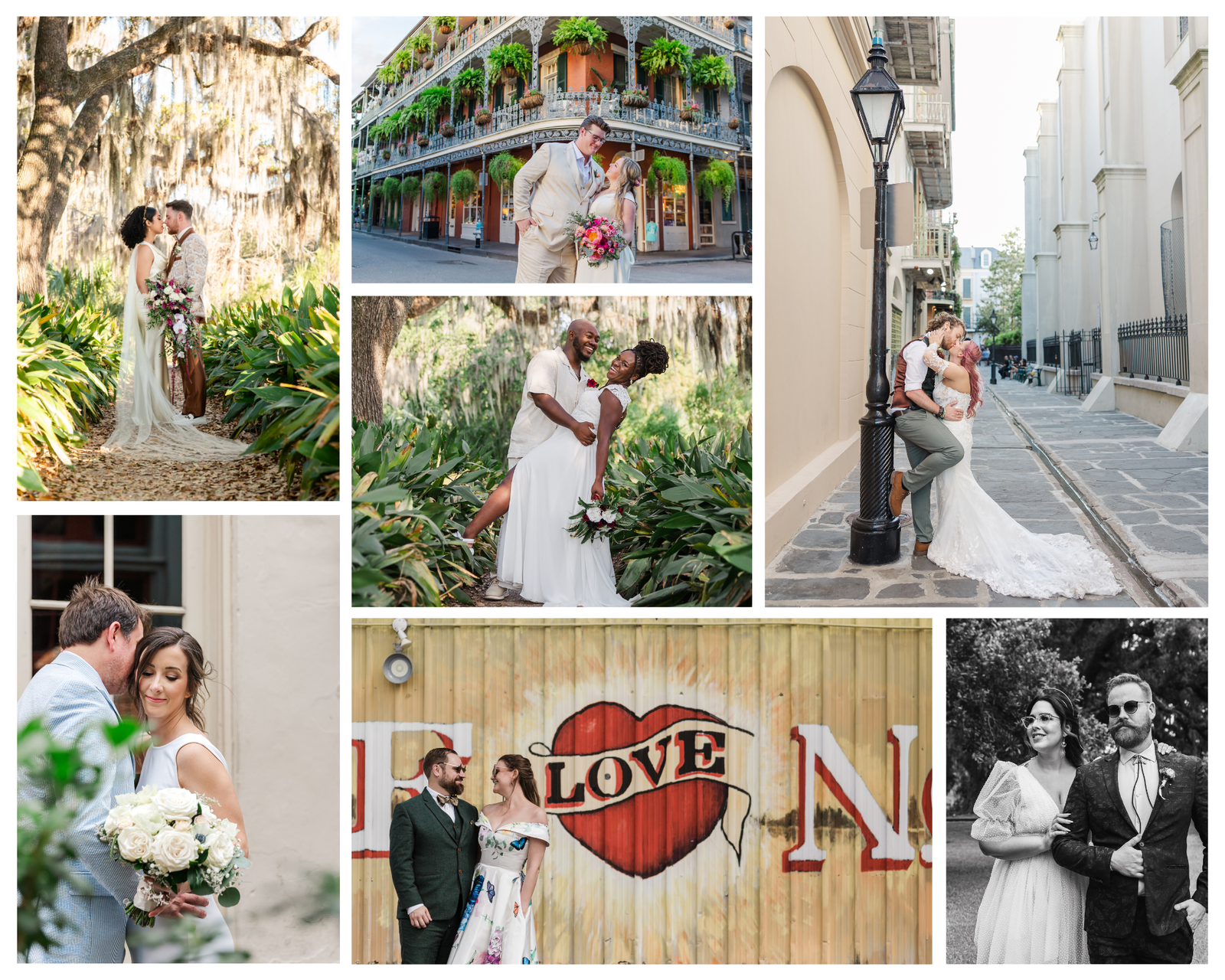 Vow renewal collage featuring diverse couples celebrating love in various iconic New Orleans locations like City Park, French Quarter balconies, and historic streets.